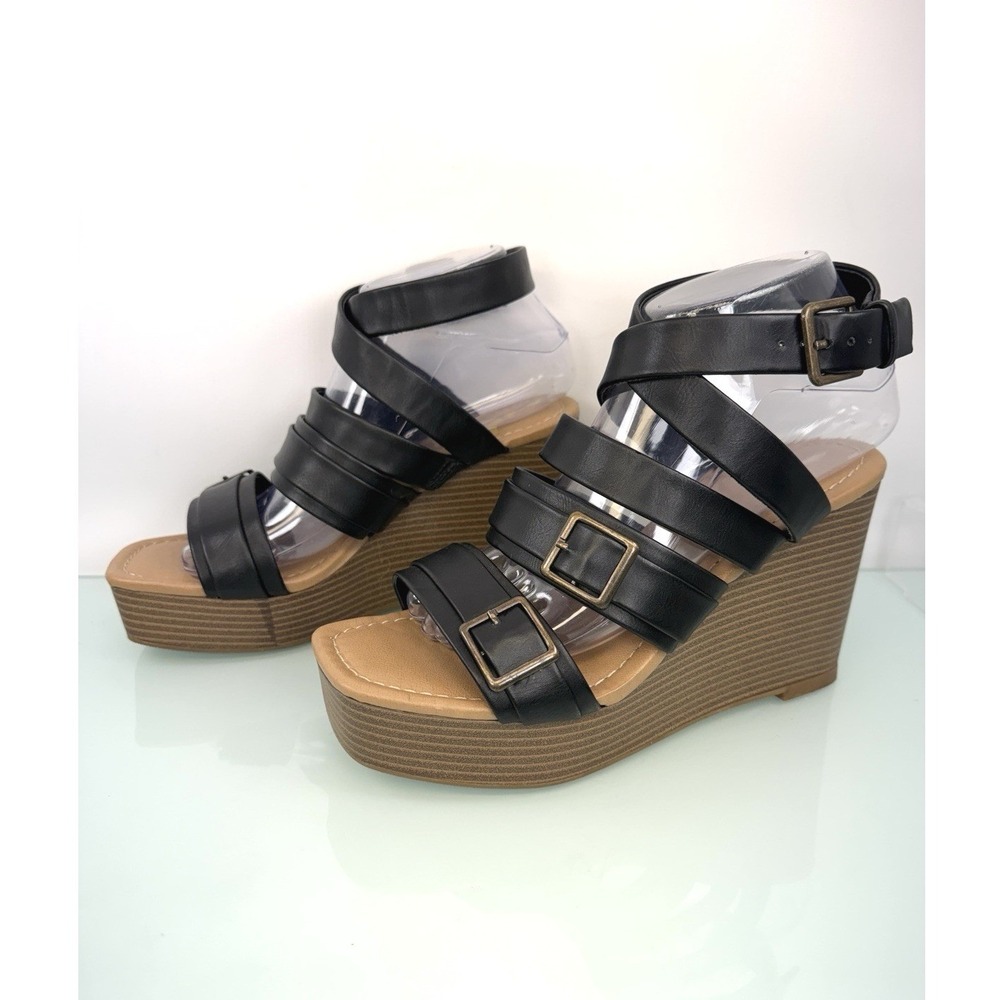 Report Black Strappy Platform Sandals Chunky Block Heel Buckle Women 7.5